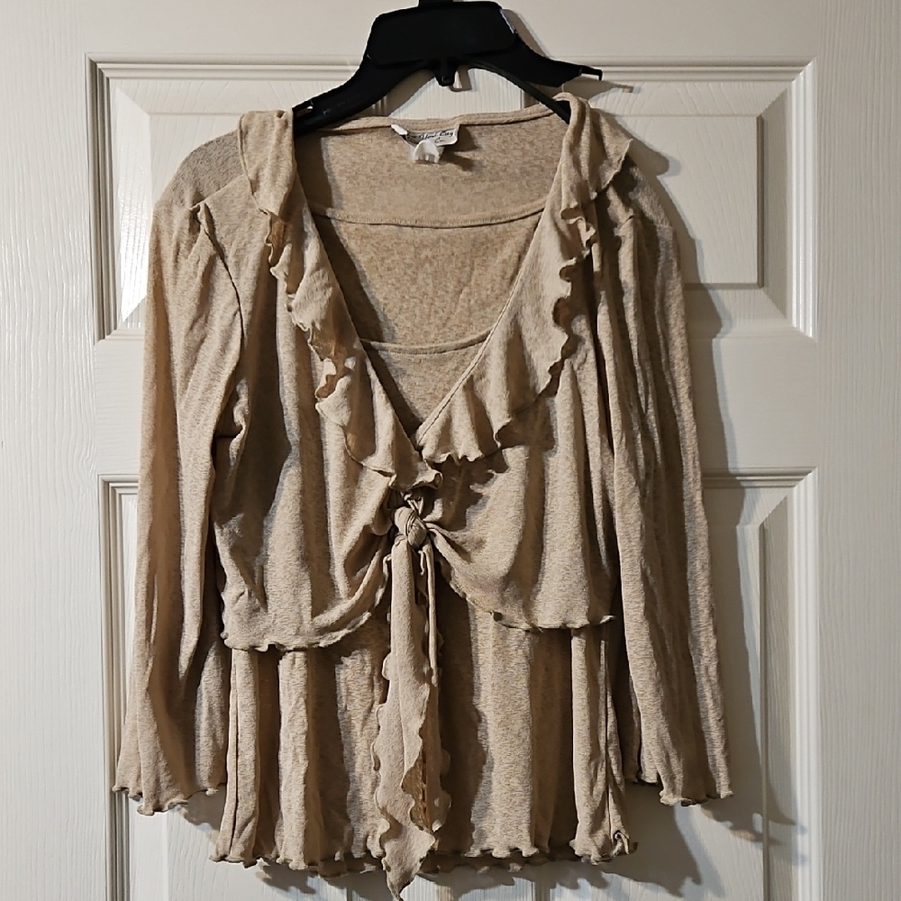 New York And Company Tan Ruffled Long Sleeve Blouse